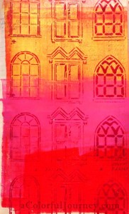 Art journal page using Jessica Sporn's Windows and Doors stencil by Carolyn Dube