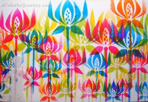 Video of art journal page from start to finish with Julie Balzer and  Dina Wakley stencils and Dylusions spray inks with Carolyn Dube