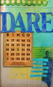 Step by step art journal page by Carolyn Dube using PanPastels, Dina Wakley stamp, and a vintage bingo card.