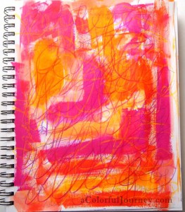 Step by step art journal page by Carolyn Dube using Julie Balzer's Cityscape stencil 