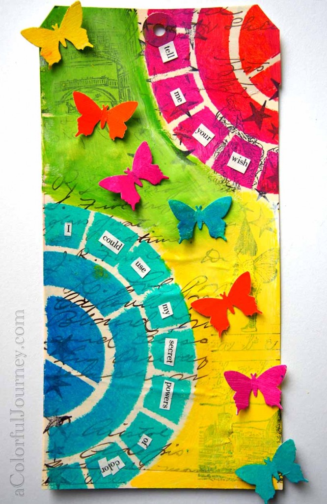 Step by step tag using Pam Carriker's color wheel stencil, rubber stamps, and a butterfly punch by Carolyn Dube