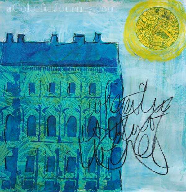 Video tutorial using rubber stamps and stencils together on a Gelli print by Carolyn Dube