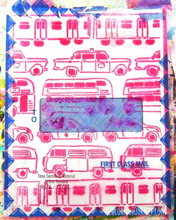 Video playing it loose with a stencil and paint on a junk mail envelope with Carolyn Dube