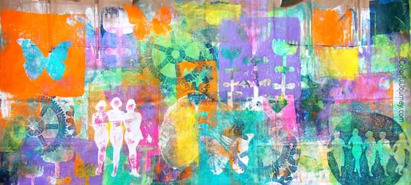 Video showing how the layers built up with gelli printing® and mask on a paper bag for the Let's Play link party