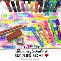 Video tutorial using playcolor paint sticks with rubber stamps to make an art journal background for this week’s Let’s Play link party!