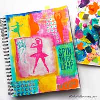 Video tutorial sharing how to use masks and stencils to make a colorful art  journal page by Carolyn Dube