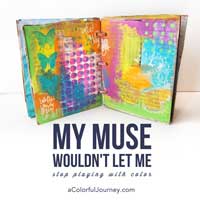 Video tutorial adding layers of color in a cardboard art journal with Carolyn Dube