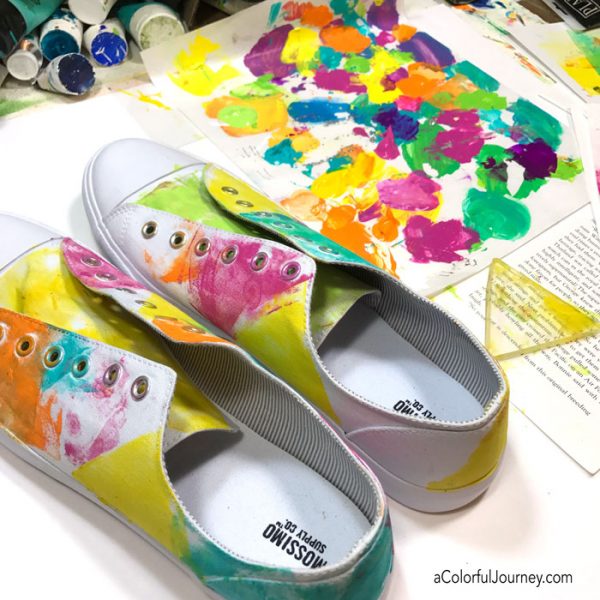Using a gel plate and a stencil to make rainbow sneakers tutorial by Carolyn Dube