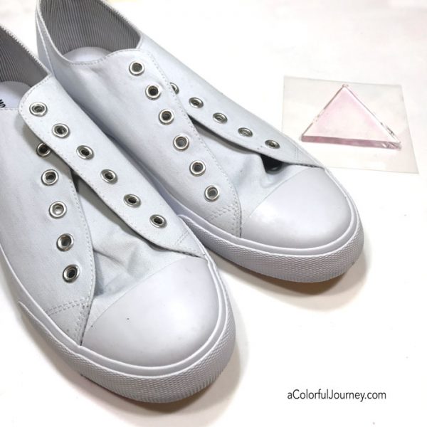 Using a gel plate and a stencil to make rainbow sneakers tutorial by Carolyn Dube