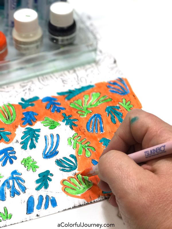 Coloring in Cutouts Inspired by Matisse with Fantastix creating colorful patterned paper by Carolyn Dube