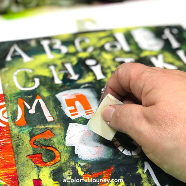 Gel printing with a toy action figure and Golden Open paints on a Gel Press Plate video tutorial by Carolyn Dube