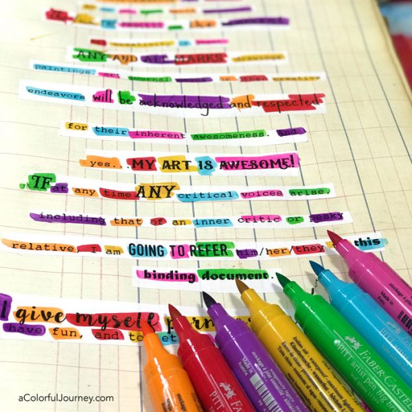 Using Pitt Pens to create colorful permission slip in a 150 year old ledger that became an art journal